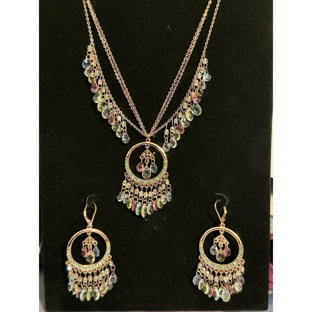 Vintage Joan Collin’s Gold Tone Necklace 3 Strand Chain Pastel Rhinestones Beads